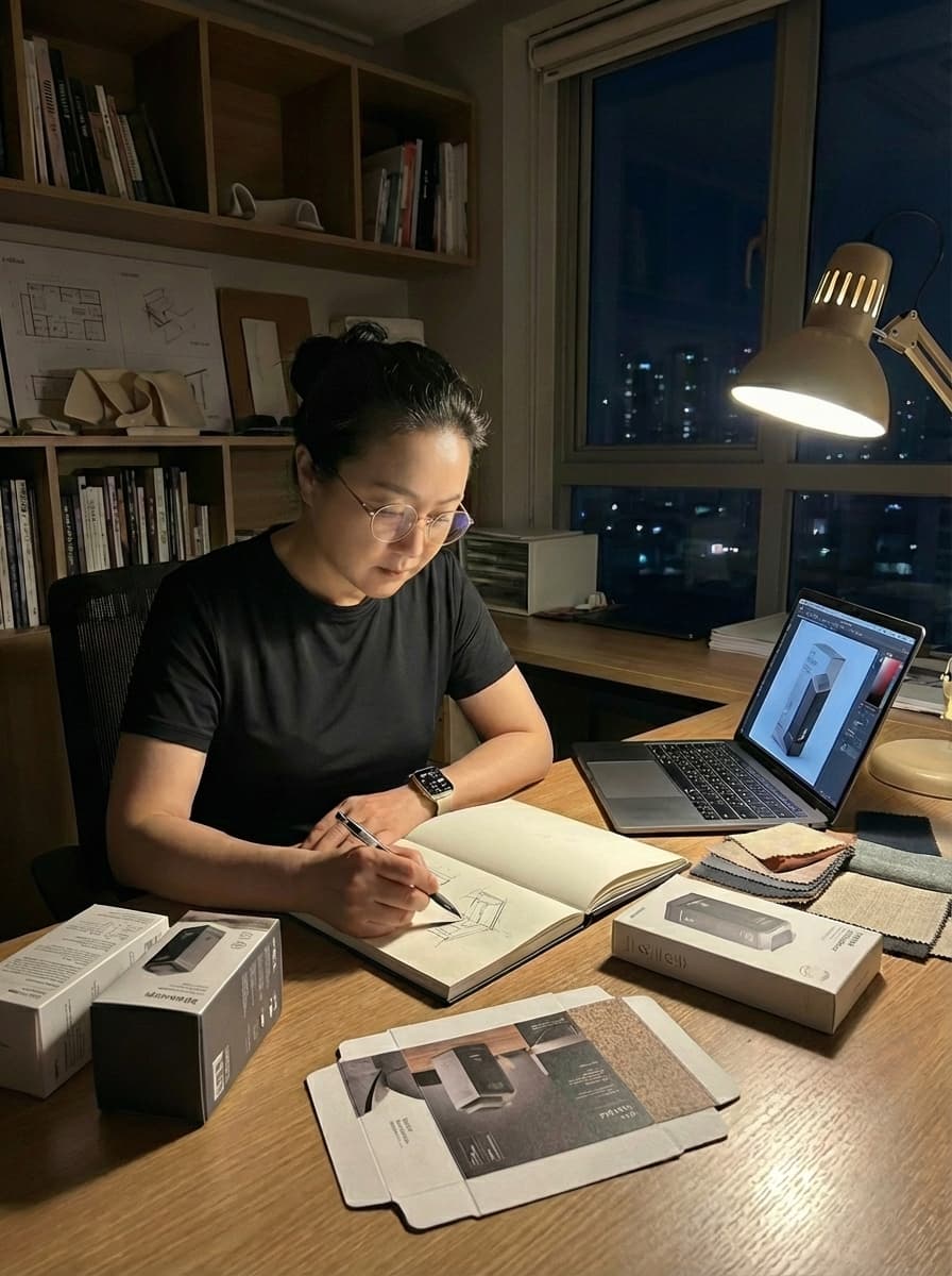 Joung Hwa sketching packaging concepts at her desk